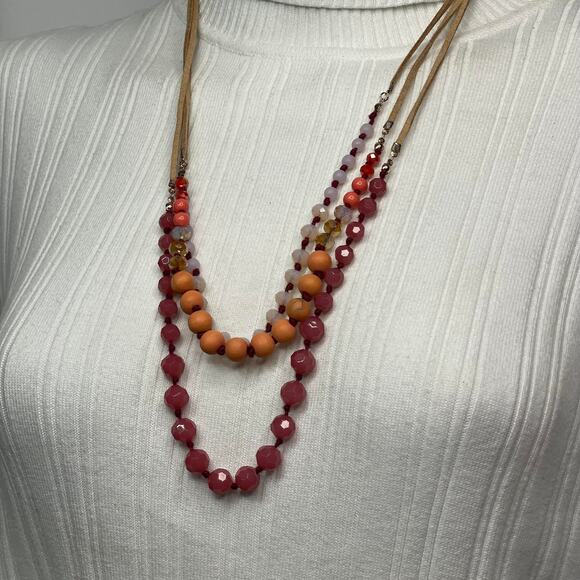 LOFT  Ann Taylor gold tone necklace beaded suede cord peach white pink beads - Picture 5 of 11